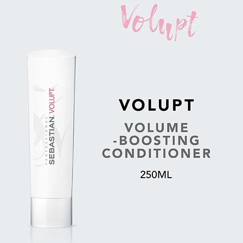 Image 2 - A white tube of Sebastian Volupt volume-boosting conditioner is displayed against a light background, with visible text reading Sebastian Volupt, Volume-Boosting Conditioner, and 250ML.
Image 3 - A white tube of Sebastian Volupt shampoo is shown on the left, with the text FULL SUPPORT FOR FULLER VOLUME and LIGHT & SOFT HAIR next to it, both accompanied by checkmarks.
Image 5 - Image showing instructions for use with three steps: a droplet icon with the text REMOVE EXCESS WATER, a hand icon with the text DISTRIBUTE THROUGH THE HAIR, and a showerhead icon with the text RINSE THOROUGHLY.
Image 6 - A bamboo plant with long green leaves is shown against a black background, with the text NATURAL BAMBOO EXTRACT displayed above it.
Image 7 - Image shows three hair care products from the Sebastian Volupt line; the text reads Combine with Volupt Shampoo & Volupt Spray for best results.