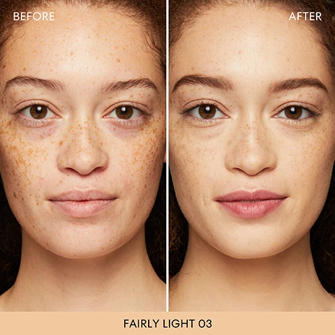 Image 1 - Image shows a comparison of a persons face labeled Before and After, with the left side displaying more freckles and a natural complexion, while the right side shows a smoother, more enhanced appearance; visible text includes FAIRLY LIGHT 03.
Image 2 - A jar of bareMinerals powder is shown with some of the product spilled out, accompanied by text stating that 95% agree it reduced the appearance of imperfections and a note about a consumer study of 106 people.
Image 3 - Image of six women showcasing different skin tones labeled from very fair to very light, with text descriptions underneath each image: FAIR 01, FAIR IVORY 02, FAIRLY LIGHT 03, GOLDEN FAIR 04, FAIRLY MEDIUM 05, and SOFT MEDIUM 11, along with their respective descriptions of skin undertones.
Image 4 - Four arms of varying skin tones are shown with swatches of makeup shades labeled from Fair 01 to Golden Deep 28, alongside a round compact labeled bareMinerals.
Image 5 - Image of three steps for using bareMinerals Loose Mineral Foundation with a Beautiful Finish Brush, showing a person swirling the brush in the lid, tapping away excess powder, and buffing the product onto the skin in a circular motion; text reads Swirl a small amount in the lid until it disappears into the brush, Tap away excess, and Buff in a circular motion, from the outside of your face inward.
Image 6 - A color shade guide for bareMinerals Original Loose Mineral Foundation displays diverse skin tones arranged by intensity and undertone, with images of women showcasing different shades labeled as very fair to very deep, along with visible text indicating shade names and instructions for selecting the correct shade.