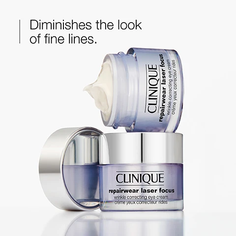 Image 1 - Image shows two jars of Clinique Repairwear Laser Focus wrinkle correcting eye cream, with one jar open and creamy product visible, accompanied by the text that reads Diminishes the look of fine lines.
Image 2 - A smooth, white surface with the words plump and smooth displayed vertically alongside wavy lines.
Image 3 - A close-up image featuring a transparent glass container next to a light green, ribbed surface, with the text Free of above a crossed-out box containing the word fragrance.