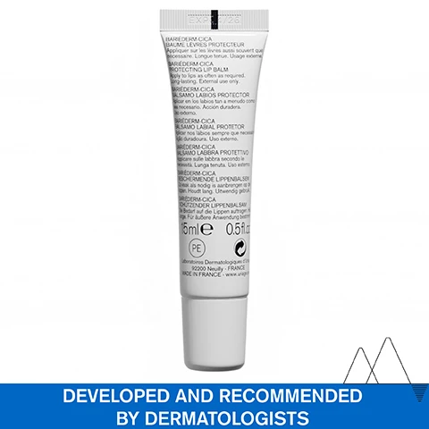 Image 1 - A white tube of Uriage Bariederm-Cica Protecting Lip Balm with text including EXP. 4/26, Apply to lips as often as required. Long-lasting. External use only., 15mle 0.5fl.oz, MADE IN FRANCE, and Developed and Recommended by Dermatologists. Image 2 - Close-up of a person applying lip balm to their lips with a tube applicator with text overlays reading Extra-rich repairing balm, Ultra-convenient applicator, Fragrance-free, and VERY DRY, CHAPPED & DAMAGED LIPS. Image 3 - Before and after images show keilitis on lips, with the after image showing improvement, alongside text reading BEFORE, AFTER 21 DAYS, CLINICAL PICTURES, INSTANTLY REPAIRS, PROTECTS & SOOTHES, Clinical trial on 20 patients with keilitise for 21 days. Image 4 - A white tube of Uriage Bariéderm-Cica Protecting Lip Balm is shown next to text that reads 90% LIPS REPAIRED* SOOTHES & ACTS AS A REAL BARRIER *Clinical study under dermatological control - 20 volunteers - %satisfaction. Image 5 - Information graphic listing ingredients and benefits with icons ADVANCED DERMATOLOGICAL FORMULA GLYCERIN Moisturizes lips VEGETAL SQUALANE & STEROLS Restores skins hydrolipidic film & soothes POLY-2P COMPLEX Insulates & protects Creating a healthy environment for better repair Poly .2P. Image 6 - Mountain landscape with snow and glaciers showing three icons connected by a white line next to text labels reading Developed and recommended by dermatologists, Fragrance-free, and High tolerance. Image 7 - A white tube of Uriage Bariéderm-CICA Protecting Lip Balm is shown with a Recommended by Dermatologists badge and includes the text URIAGE EAU THERMALE Bariéderm-CICA BAUME LÈVRES PROTECTEUR Répare Isole Apaise PROTECTING LIP BALM Repairs Insulates Soothes SÉCHERESSES EXTRÊMES EXTREME SKIN DRYNESS LONGUE TENUE/ LONG LASTING NON PARFUMÉ UNSCENTED URIAGE, LEAU THERMALE DES ALPES RECOMMENDED BY DERMATOLOGISTS.