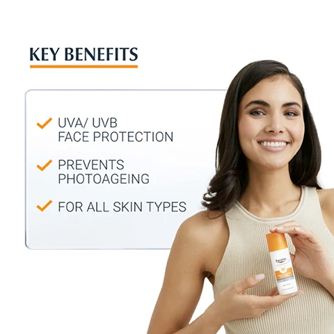 Image 1 - A smiling young woman holds a sunscreen bottle while standing next to a list of key benefits that include UVA/UVB face protection, prevents photoaging, and suitable for all skin types.
Image 2 - A hand holds a bottle of Eucerin sun fluid with SPF 30, accompanied by icons and text describing its features: face, light texture, and unperfumed.
Image 3 - Image shows an orange background with a white and yellow splatter effect, featuring bold text that states 95% CONFIRM IMPROVES MY SKIN APPEARANCE*, with a note at the bottom that says *PRODUCT IN USE STUDY WITH 160 WOMEN.
Image 4 - Image of three cream-like swatches with labeled key ingredients: Licohalcone A is described as neutralizing free radicals caused by UV and HEVIS light, Hyaluronic Acid is noted for reducing wrinkles, and Glycyrrhetinic Acid is mentioned for its DNA repair mechanism.
Image 5 - Image depicts three Eucerin sun care products: a spray labeled Eucerin Sun Body Spray, a tube labeled Eucerin Sun Body with 50+ sun protection, and a tube labeled Eucerin After Sun with Sensitive Relief. Visible text includes DISCOVER MORE above the products.