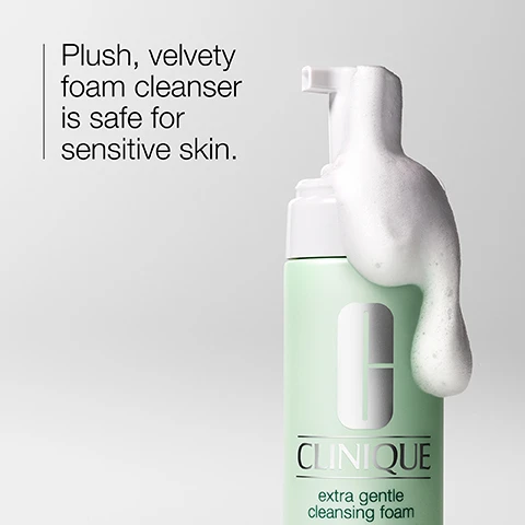 Image 1 - A green bottle of Clinique extra gentle cleansing foam with a pump top is partially foaming, with text stating plush, velvety foam cleanser is safe for sensitive skin.
Image 2 - A white plate holds two sugar cubes, some smaller sugar pieces, and a smear of a glossy white substance, with the word Sucrose displayed in the top right corner.
Image 3 - Image of a light green background with a box that contains a checkmark next to the word fragrance, indicating that the product is free of fragrance.
