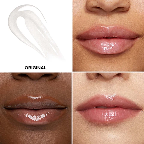 Image 1 - The image features four sections: a squiggle of clear product on the top left labeled as ORIGINAL, and three close-up images of different lips in various shades of gloss—each showing smooth, shiny finishes on nude and brown complexions.
Image 2 - The image shows a clear lip plumper tube with a gold cap beside text that indicates survey results: 93% said lips look fuller and more plump, 97% said it delivers instant results, and 97% said lips feel moisturized, with a footnote stating the study was conducted in December 2015 with 30 participants aged 19 to 35 years.
Image 3 - A close-up of a models lips showing a comparison between before and after application, with visible text stating BEFORE on the left, AFTER on the right, and MODEL IS WEARING SHADE ORIGINAL at the bottom.
Image 4 - Image shows a close-up of a models lips comparing the before on the left and after on the right, with visible text indicating BEFORE on the left, AFTER on the right, and MODEL IS WEARING SHADE ORIGINAL at the bottom.
Image 5 - A close-up image of a models lips, with the left side showing a matte finish labeled BEFORE and the right side displaying a glossy finish labeled AFTER, with the text MODEL IS WEARING SHADE ORIGINAL at the bottom.
Image 6 - Image shows a product chart titled Level Up PLUMP featuring different levels of lip plumpers including Level 1 Lip Injection Extreme Lip Plumper, Level 2 Lip Injection Extreme Plumping Clicks, and Level 3 Lip Injection Maximum Plump, along with bonus products for extra plumping and color effects, listing each products features and shades.