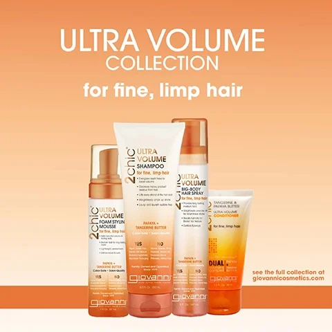 Image shows a display of Giovannis Ultra Volume Collection hair care products, with four items labeled as ULTRA VOLUME SHAMPOO, ULTRA VOLUME FOAM STYLING MOUSSE, ULTRA VOLUME BIG-BODY HAIR SPRAY, and ULTRA-VOLUME CONDITIONER, featuring a gradient orange background, and text stating for fine, limp hair and see the full collection at giovannicosmetics.com.