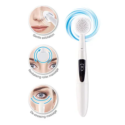 Image 1- Gentle exfoliation, revitalising roller massage and de-stressing massage. Image 2- The beauty specialist. Image 3- 4 in 1 facial cleansing brush and massager benefits
