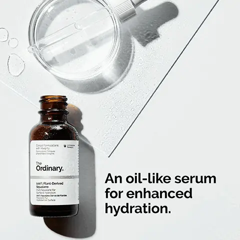 Image 1, an oil-like serum for enhanced hydration. Image 2, 100% plant based squalane hydrates skin while supporting its natural moisture barrier. Image 3, anhydrous serum texture, apply a few drops to the gave once daily or as needed. Image 4, 1 = prep, cleanser, toners. 2 = treat, water-based serums, eye serums, anhydrous solutions, oils. 3 = seal, suspensions, moisturizers, SPF.