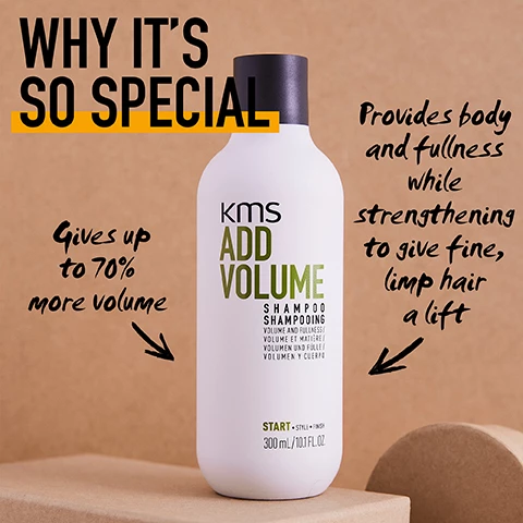Image 1, why it's so special. gives up to 70% more volume. provides body and fullness while strengthening to give fine, limp hair a lift. image 2, 1 - makes hair look and feel thicker. 2 = strengthens to give fine limp hair a lift. 3 = volume and fullness. image 3, did you know, add volume shampoo is produced via a cold batch process saving energy. image 4, what's inside? cinnamon and eucalyptus. image 5, sustainability commitments. save water consumption, material improvement and reduction, formula and responsibily sourced materials