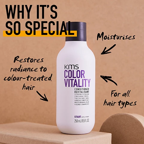 Image 1, why's it so special? restores radiance to colour treated hair. for all hair types, moisturises. image 2, did you know, colour vitality conditioner is suitable for lightened, highlighted, natural blonde, grey or white hair. image 3, used by 30,000 stylists around the globe. base on internal KAO salon sell in data, january to december 2020 - global. image 4, sustainability comments. responsibly sourced materials, save water consumption, material improvement and reduction, formula.