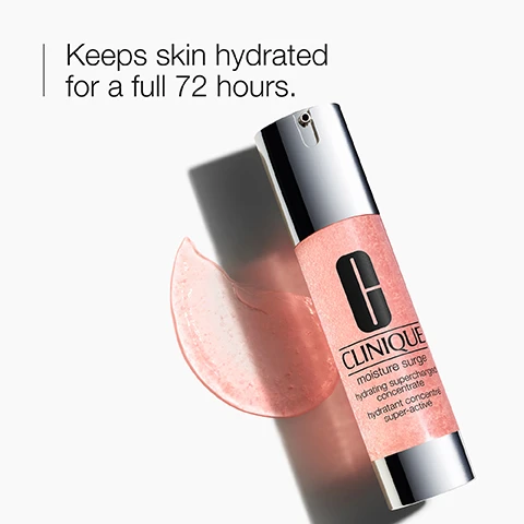 Image 1 - A pink hydrating gel in a silver and black bottle labeled Clinique sits next to a translucent pink gel patch, with the text Keeps skin hydrated for a full 72 hours. above it.
Image 2 - A transparent gel product sits on a white surface with visible text that reads A blend of hydrating ingredients with hyaluronic acid.
Image 3 - A close-up of a light pink gel with droplets, featuring the words hydrate and plump illustrated next to corresponding icons.
Image 4 - The image has a light pink background featuring a simple table that indicates the product is free of fragrance, marked with an X next to the word fragrance.