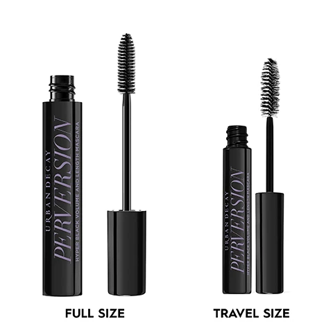 Image 1 - Two black Urban Decay Perversion mascaras are shown, a full size on the left with its wand extended upwards, and a travel size on the right with its wand extended to the side, both tubes labeled Urban Decay Perversion Hyper Black Volume and Length Mascara, with text below them reading Full Size and Travel Size respectively. Image 2 - A close-up of a persons eye split horizontally, showing the upper half with natural eyelashes and the lower half with voluminous, lengthened eyelashes. WITHOUT WITH Image 3 - A black Urban Decay Perversion mascara tube with its brush applicator is shown next to text reading Urban Decay Perversion Hyper Black Volume and Length Mascara, Up To 8x More Volume, Up To +52% Increase In Length, Up To +28% More Curl, *Based On A 5 Day Consumer Study With 65 Women. Image 4 - A black mascara tube with purple text for Urban Decay Perversion Hyper Black Volume and Length Mascara stands upright on a light gray background, accompanied by a list of features: Up to 16HR Wear, Flake-Resistant, Smudge-Resistant, Sweat-Resistant, Easy to Remove, with a small disclaimer at the bottom reading *Instrumental Test. Image 5 - A close-up image shows a person applying black mascara to their upper eyelashes with a brush, with text that reads COATS FROM ROOT TO TIP FOR FEATHERY VOLUME. Image 6 - Three Urban Decay products are displayed on a blue and purple background, with the title PERVERSION TRIO; a white tube labeled Urban Decay Subversion Thicker Longer Stronger Lash Primer is pointed to by the text PRIME, a purple tube labeled Urban Decay Perversion Hyper Black Volume and Length Mascara is pointed to by the text VOLUMIZE, and a black pencil labeled Urban Decay 24/7 Glide-On Eye Pencil Perversion is pointed to by the text DEFINE. Image 7 - A large and a small tube of Urban Decay Perversion Hyper Black Volume and Length Mascara are displayed against a background of black mascara smudges, with the text Perversion Mascara Vegan Formula, Full Size, Travel Size, and No animal derived ingredients or by-products.