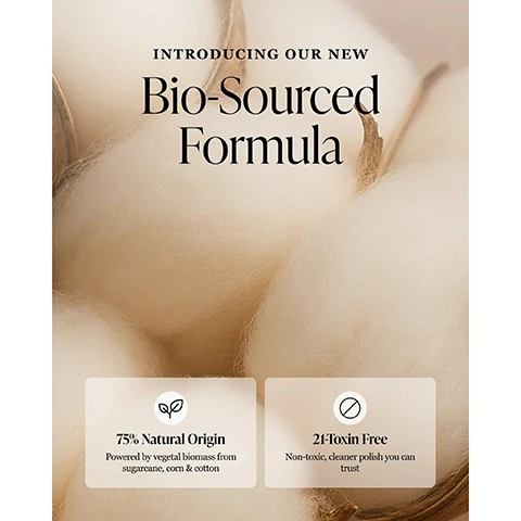 Image 3 - A close-up of fluffy white cotton bolls serves as a backdrop for text that reads INTRODUCING OUR NEW Bio-Sourced Formula, 75% Natural Origin Powered by vegetal biomass from sugarcane, corn & cotton, and 21-Toxin Free Non-toxic, cleaner polish you can trust. Image 4 - A hand with dark red nail polish and two rings is shown next to text describing product features: Features Oxygenated Lets nails breathe with an air-permeable film Quick Drying Higher fluidity, smoother finish, faster results. Image 5 - A hand with light pink manicured nails against a light background with text that reads Smooth, streak-free application. Image 6 - A light pink graphic titled Panel Satisfaction Post Application, showing four horizontal bar charts with satisfaction percentages: Application 86%, Drying Time 79%, Coverage 90%, and Gloss 97%.