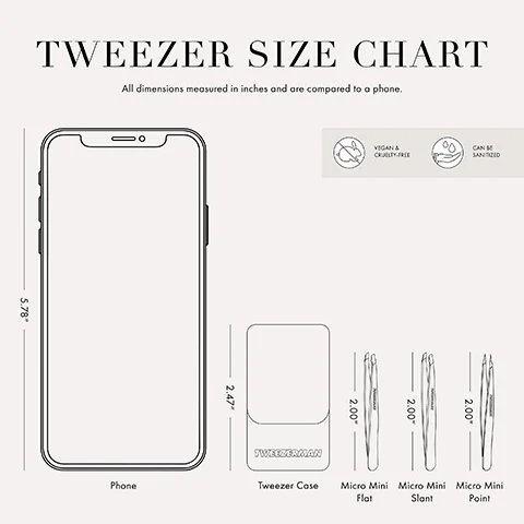 Image 1 - A size chart for tweezers shown alongside a smartphone for comparison, with the dimensions labeled in inches, and text indicating Vegan & Cruelty-Free and Can Be Sanitized.