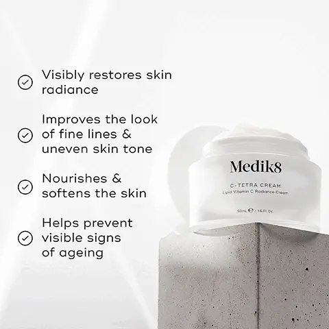 Image 1, Visibly restores skin radiance Improves the look of fine lines & uneven skin tone Nourishes & softens the skin Helps prevent visible signs of ageing Medik8 C-TETRA CREAM Lipid Vitamin C Rodiance Cream SOL/16 FL Or Image 2, STABILISED VITAMIN C Delivers powerful smoothing, brightening & antioxidant benefits VITAMIN E Deeply nourishes & boosts vitamin C power for maximum results Medik8 C-TETRA CREAM Lipid Vitamin C Rodance Cream Sone/16 OL Image 3, C-TETRA Facial serum for sensitive skin Medik8 C-TETRA Medik8 C-TETRA FACIAL CREAM Facial moisturiser for new vitamin C users C-TETRA LUXE Facial serum for supercharged results C-TETRA EYE Mediks For the eye area Medik8 Image 4, AM Mediks HOW TO LAYER Mediks Mediks Mediks CLEANSE TONE VITAMIN C SUNSCREEN EXPERT ADVICE: Want stabilised vitamin C + sunscreen in one formula? Try Daily Radiance Vitamin C