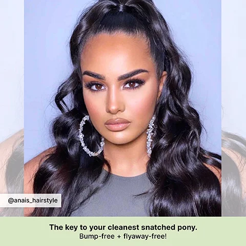 A woman with dark wavy hair styled in a high half-up ponytail, wearing large clear beaded hoop earrings and full makeup, with the text @anais_hairstyle and The key to your cleanest snatched pony. Bump-free + flyaway-free!