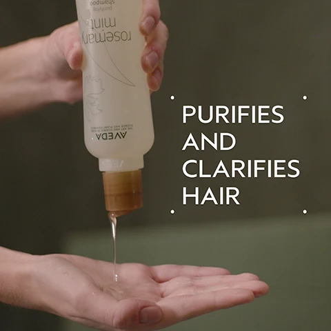 Image 2 - A person pours clear shampoo from an Aveda Rosemary Mint Purifying Shampoo bottle into their hand, with text overlaying the image that reads Purifies and Clarifies Hair. Image 3 - A before and after image shows a woman with dirty blonde hair, appearing dull with dark roots on the left, labeled BEFORE Unwashed Hair, and clean, shiny, and styled on the right, labeled AFTER, with text detailing the products used: Results with Rosemary Mint Purifying Shampoo and Weightless Conditioner, Confixor Liquid Gel, Witch Hazel Light Hold Hair Spray, and Light Elements™ Defining Whip. Paddle Brush. Blow dried with round brush. Image 4 - A dark green background features a light green circle containing sprigs of fresh rosemary and mint, with the text ROSEMARY & MINT INVIGORATING AROMA PROVEN TO AWAKEN THE SENSES AND IMPROVE FOCUS. Image 5 - A dark green graphic titled HOW TO USE, illustrating a three-step hair care routine: 01 CLEANSE shows shampoo being dispensed into a hand with text Rosemary Mint Purifying Shampoo; 02 CONDITION shows hands applying conditioner to wet hair with text Rosemary Mint Weightless Conditioner; and 03 STYLE shows a hand holding a hairspray bottle with text Confixor Liquid Gel, Witch Hazel Light Hold Hair Spray, and Light Elements Defining Whip. Image 6 - A before and after image showing a man with brown hair; on the left, labeled BEFORE, his hair appears flatter and less styled, with text below stating Unwashed Hair, and on the right, labeled AFTER, his hair is visibly more voluminous and styled, with text below stating Results with Rosemary Mint Purifying Shampoo and Weightless Conditioner, Aveda Men Pure-Formance™ Firm Hold Gel and Thickening Paste. Blow dried hair. Image 7 - A clear, gel-like substance with various sized bubbles is swirled across a light gray background. Image 8 - Three white certification logos, 100% VEGAN, Certified B Corporation, and Cruelty Free INTERNATIONAL, are displayed against a background of green leaves.