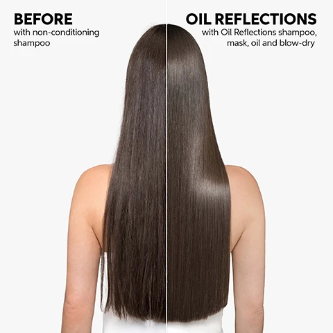 Image 1 - Image shows a side-by-side comparison of hair before and after using Oil Reflections shampoo, with the left labeled BEFORE with non-conditioning shampoo showing frizzy hair while the right labeled OIL REFLECTIONS with Oil Reflections shampoo, mask, oil and blow-dry displays smooth, shiny hair.
Image 2 - Image shows three Wella Professionals hair care products labeled Oil Reflections: a tube of luminous instant conditioner, a bottle of luminous reveal shampoo, and a bottle of luminous smoothing oil, with the text stating UP TO 3X SMOOTHER HAIR* and a note about the benefits of the products.
Image 3 - A hand holds a tube of Wella Oil Reflections conditioner, dispensing product onto an open palm, with icons and text nearby indicating Smoothness, Shine, Soft Hair, and Conditions.
Image 4 - A circular design features two creamy textures, one white and one yellow, with labels reading Metal Purifier*, Panthenol*, and Precious Botanical Oils on the sides, along with OLEOLOGY PROGRAM prominently displayed.