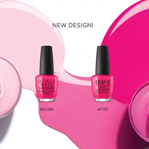 Image 1, New Design shows packaging before and after. Image 2, Nail Lacquer How to Use, Natural Nail Base Coat Prevents nail staining + Nail Lacquer Quality nail color + OPI Top Coat Smooth, high-gloss shine. Image 3, Customer Review- Usually nail polish doesn't last long on me but this OPI is amazing! Literally the only nail polish I've tried thus far where I will get at least a weeks worth of perfectly painted nails- 5 stars Koven