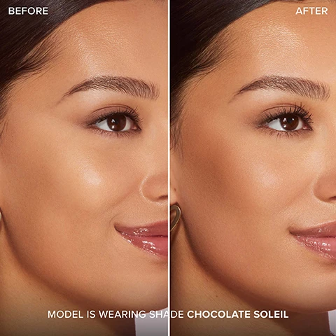 Image 1 - Side-by-side images showing a models face before and after applying makeup, with the left labeled BEFORE and the right labeled AFTER, and the text below stating MODEL IS WEARING SHADE CHOCOLATE SOLEIL.
Image 2 - A smiling model with long hair is wearing gold heart-shaped earrings and glossy lip color, showcasing clear skin with visible text reading MODEL IS WEARING CHOCOLATE SOLEIL.
Image 3 - A round compact of chocolate-colored powder makeup with a gold lid, surrounded by loose powder, includes text stating 8-HOUR Wear, MATTE FINISH, MEDIUM, BUILDABLE Coverage, POWDER FORMULA, Infused with REAL COCOA POWDER, and Smells Like CHOCOLATE.
Image 4 - Three arms displaying swatches of foundation in various shades labeled as Dark Chocolate Soleil, Chocolate Soleil, and Milk Chocolate Soleil, with the swatches arranged vertically.
Image 5 - Four cosmetic images showcase diverse skin tones with the labels Milk Chocolate, Chocolate, and Dark Chocolate displayed alongside makeup products in the background.
Image 6 - The image shows three round bronzer compacts with different shades, positioned near chocolate bars and cocoa powder, with a heart-shaped label stating smells like chocolate and the text WARM UP WITH ALL 3 SHADES OF OUR LASTING, BUILDABLE BRONZER INFUSED WITH REAL COCOA POWDER.