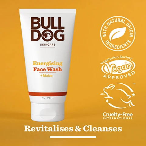 Image 2 - A white tube of Bulldog Skincare Energising Face Wash with a brown logo and the text Energising Face Wash + Maize displayed, set against an orange background, along with icons indicating natural ingredients, vegan approval, and cruelty-free certification, with the phrase Revitalises & Cleanses at the bottom.
Image 3 - An assortment of yellow maize kernels is scattered on a bright yellow background, featuring the text 95% Natural Origin, Unlock the true potential of natural origin ingredients, and Maize.
Image 4 - A hand is holding a tube of Bulldog Skincare Energising Face Wash against a backdrop of green leaves, with visible text reading Dull & Tired Skin.
Image 5 - A white tube of Bulldog Skincare Energising Face Wash with orange and brown text, featuring the notes Brightens & Hydrates and 95% Natural Origin, alongside information about the tube being made with recycled materials and a text stating Recycled Tube.
Image 6 - Three skincare tubes labeled Bulldog Skincare feature the products Energising Face Scrub with Coconut Shell, Energising Face Wash with Maize, and Energising Moisturiser with Maize, set against a bright orange background, with the text Revitalise Dull & Tired Skin prominently displayed below.
