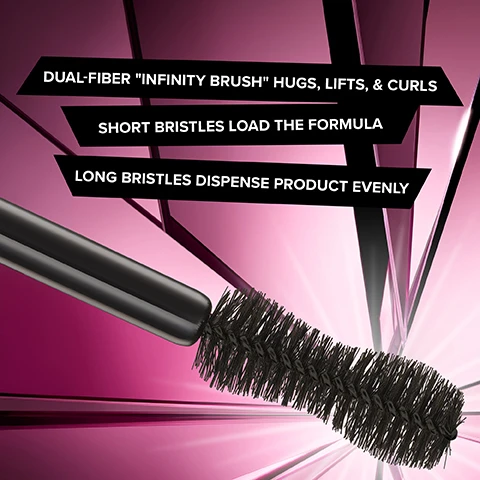 Image 1 - A mascara brush with dual-fiber bristles is shown against a pink and black geometric background, with text that reads DUAL-FIBER INFINITY BRUSH HUGS, LIFTS, & CURLS; SHORT BRISTLES LOAD THE FORMULA; LONG BRISTLES DISPENSE PRODUCT EVENLY.
Image 2 - An image of a mascara tube with a diamond-shaped cap and a small mascara wand beside it, displayed against a vibrant pink background with text highlighting features like creamy mousse formula, whipped melting waxes deliver extreme volume, polymers keep lashes flexible while lifting and lengthening, and long bristles dispense product evenly.