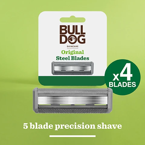 Image 2 - Image shows a pack of Bulldog skincare original steel blades on a green background, with visible text stating Bulldog, Original Steel Blades, x4 Blades, and 5 blade precision shave.
Image 3 - A close-up of a safety razor with a wooden handle and multiple blades, featuring the text A smooth comfortable shave.
Image 4 - A close-up of a person shaving their face with a razor that has a bamboo handle, with visible shaving cream and the text Responsibly sourced bamboo handle.
Image 5 - The image shows a package of Bulldog Skincare Original Steel Blades featuring text that reads 4x, BULLDOG SKINCARE, Original Steel Blades, For a smooth & comfortable shave, and Recycled & Recyclable Packaging along with a recycling symbol.
Image 6 - The image shows two grooming products from Bulldog Skincare against a green background: a package of four original steel blades on the left and a package of an original bamboo razor on the right, with the text A quality shave responsively crafted at the bottom.