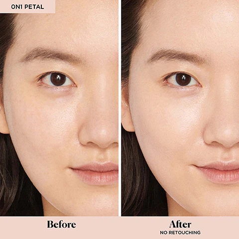 Image 1 and 2, before and after no retouching. image 3, which shade is right for me? tinted moisturiser. image 4, swatches of walnut, mocha, ganache, nutmeg, cacao, wheat, tawny, bisque, almond, tan, natural, nude, blush, sand, fawn, pearl, petal, cameo, porcelain and vanille on 4 different skin tones. image 5, tinted moisturiser natural skin perfector. shade conversion chart. image 6, tinted moisturiser natural skin perfector available in 2 sizes. mini and full size. image 7, light revealer perfected, luminous skin. the original rejuvenated, dewy skin. oil free, healthy, blurred matte skin.