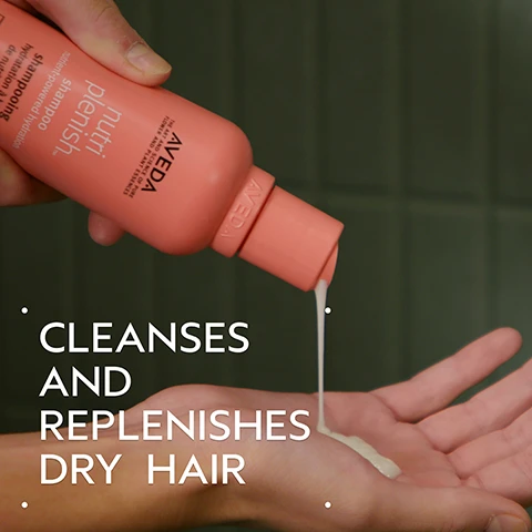Image 2 - A persons hand holds a pink Aveda nutri plenish shampoo bottle, pouring a stream of product into their open palm, with text on the bottle reading nutri plenish shampoo, nutrient-powered hydration, AVEDA, and THE ART AND SCIENCE OF PURE FLOWER AND PLANT ESSENCES, plus an overlay stating CLEANSES AND REPLENISHES DRY HAIR. Image 3 - A womans dark wavy hair is shown in a before and after comparison, on the left her hair appears somewhat unruly, and on the right it is smooth and well-styled, with the text BEFORE, Unwashed Hair, AFTER, Results with Nutriplenish™ Shampoo and Conditioner: Light Moisture, Daily Moisturizing Treatment, Styling Treatment Foam, Multi-Use Hair Oil and Wooden Paddle Brush. Blow dried with round brush. Image 4 - A dark green graphic features a large central circle displaying abstract swirling red and gold liquids, bordered by white dots in each corner. Text reads: SUPERFOOD COMPLEX, Lorem Ipsum, POMEGRANATE SEED OIL, COCONUT OIL, MANGO BUTTER, Hydrates and replenishes dry, depleted hair. Image 5 - The image titled HOW TO USE displays a four-step hair care routine: 01 CLEANSE, showing hands massaging shampoo into wet hair, with the text nutriplenish™ Shampoo: Light Moisture; 02 CONDITION, showing white conditioner being squeezed from a peach bottle into a hand, with the text Nutriplenish™ Conditioner: Light Moisture; 03 TREAT, showing a person touching their smooth dark hair, with the text Nutriplenish™ Daily Moisturizing Treatment; and 04 STYLE, showing white foam dispensed from a peach bottle onto a hairbrush, with the text Nutriplenish™ Styling Treatment Foam & Multi-Use Hair Oil. Image 6 - Two swatches of white cream are shown on a white background, one smooth and flat, the other with distinct ridges. Image 7 - Three white certification logos, including 100% VEGAN with a V, Certified B Corporation with a B in a circle, and Cruelty Free INTERNATIONAL with a jumping bunny, are displayed on a dark green leafy background.