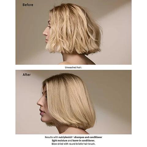 Before Unwashed hair. After Results with nutriplenish shampoo and conditioner light moisture and leave-in conditioner. Blow dried with round bristle hair brush.