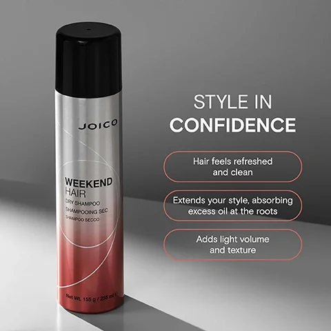 Image 2 - A can of Joico Weekend Hair Dry Shampoo is shown with text STYLE IN CONFIDENCE, Hair feels refreshed and clean, Extends your style, absorbing excess oil at the roots, and Adds light volume and texture.