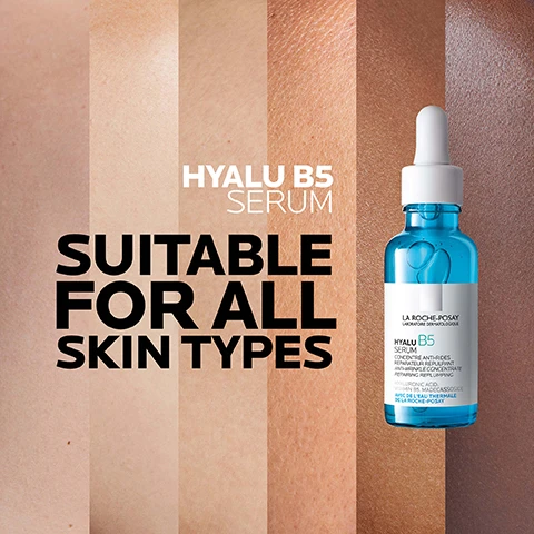 Image 1 - Image of a blue serum bottle labeled HYALU B5 SERUM against a background showing various skin tones, with the text SUITABLE FOR ALL SKIN TYPES in bold.
Image 2 - Image of three clear gel-like droplets on a white background with blue text stating REPAIR, REPLUMPS IN 4H, and TESTED ON THE MOST SENSITIVE SKIN EVEN.
Image 3 - Image of a blue serum bottle with a dropper, labeled as LA ROCHE-POSAY HYALU B5 SERUM, accompanied by two instructions: 1 APPLY AFTER CLEANSING and 2 FILL DROPPER WITH SERUM AND APPLY 3-4 DROPS ON FACE AND NECK.
Image 4 - Image shows three skincare products from La Roche-Posay labeled with numbers one, two, and three, including a blue serum, a white cream, and a sunscreen, with the text PLUMP, HYDRATE, and PROTECT below each product.
Image 5 - A hand in a white glove holds a dropper bottle containing blue serum next to another smaller blue serum bottle, with text that says 71% AGREE THEY FOUND THE BEST RESULTS USING HYALU B5 FACE SERUM & HYALU B5 EYE SERUM TOGETHER, and additional details about the products.
Image 6 - A dropper is poised above a blue glass bottle labeled La Roche-Posay Hyalu B5 Serum, with instructions on the right side that read apply 3-4 drops every morning and evening to face and neck.