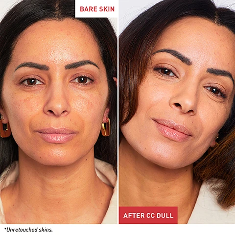 Image 1 - A side-by-side comparison shows a woman with bare skin on the left and the same woman after applying CC cream on the right, with the text BARE SKIN and AFTER CC DULL above each image and an asterisk indicating Unretouched skins in the bottom left corner.
Image 2 - A tube of Erborian CC Dull Correct cream is shown against a soft purple background, with visible text highlighting benefits such as violet pigments, Centella Asiatica, luminous finish, and SPF 25 protection.
Image 3 - A tube of Erborian CC Dull Correct cream is displayed against a soft backdrop, accompanied by illustrations of violet pigments and Centella Asiatica leaves, with visible text that reads FORMULATED BY KOREAN EXPERTS, VIOLLET ENCAPSULATED PIGMENTS, CC DULL CORRECT, CENTELLA ASIATICA - AKA TIGER GRASS, and SPF 25.
Image 4 - Image shows four tubes of CC cream arranged from left to right, labeled as CC Classic, CC Water, CC Red Correct, and CC Dull Correct, with descriptions of each products benefits and purposes below the tubes, along with the text WHICH CC IS RIGHT FOR YOU? at the top.