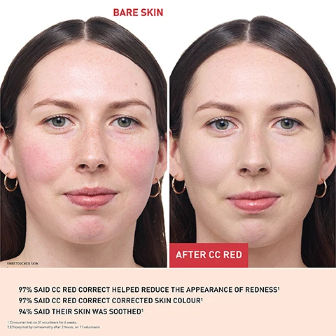 Image 1 - Image shows a side-by-side comparison of a womans face with visible redness (left labeled as BARE SKIN) and the same woman with a smoother complexion after using a product (right labeled as AFTER CC RED); visible text includes user feedback stating 97% said CC RED CORRECT helped reduce the appearance of redness, 97% said CC RED CORRECT corrected skin colour, and 94% said their skin was soothed.
Image 2 - A young woman with long, wavy hair smiles while holding a green tube labeled CC RED CORRECT, with text highlighting its benefits including immediately reduces redness, green pigments correct and neutralize red undertones, 2% Centella Asiatica helps soothe skin, and blurs your imperfections.
Image 3 - A green tube of CC cream with the text SPF 25, CENTELLA ASIATICA, and HELPS TO SOOTHE THE SKIN surrounded by green leaves.
Image 4 - A close-up of a womans face lightly touching a green tube of Erborian CC Red Correct, with bold text stating 97% said CC Red Correct helped reduce the appearance of redness and additional text describing the products benefits and features.
Image 5 - A green CC cream tube labeled CC RED CORRECT rests on a large green surface, with the text ONE CC RED CORRECT SOLD EVERY 47 SECONDS WORLDWIDE* visible below the tube, and additional marketing information at the bottom.
Image 6 - Image shows four tubes of CC cream from Erborian labeled CC Classic, CC Water, CC Red Correct, and CC Dull Correct, with respective descriptions and benefits listed beneath each tube for skin types and coverage options.