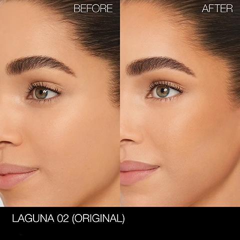 Image 1, before and after. image 2, shades shown on 9 different skin tones. image 3, your best bronze yet. nine talc free shades. long lasting warmth. natural finish. silky texture. image 4, convert your bronzer shade to new laguna bronzing powder. if you wore vallarta try laguna 00. laguna try laguna 02 original or laguna 03. casino = laguna 4. quirimba - 0.5