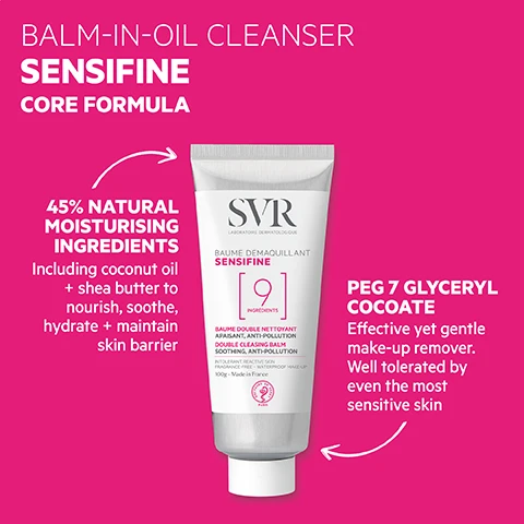 image 1, core formula. 45% natural moisturising ingredients - including coconut oil and shea butter to nourish, soothe, hydrate and maintain skin barrier. PEG 7 clyceryl cocoate - effective yet gentle makeup remover. well tolerated by even the most sensitive skin. image 2, how to use - massage gently into dry skin, paying particular attention to areas with makeup, then emulsify with water and rinse thoroughly. chill the tube in the refrigerator if the balm turns liquid in warm weather. image 3, proven efficacy on sensitve and reactive skin. removes 99.95% of urban impurities in 1 application. 100% said the product gently removes makeup, 100% agreed that the product hydrates the skin. minimalist formula, 9 essential ingredients. optimal tolerance - non comedogenic, fragrance free, hypoallergenic. texture - emulsifying oil balm. eco responsible - 100% recyclable packaging.