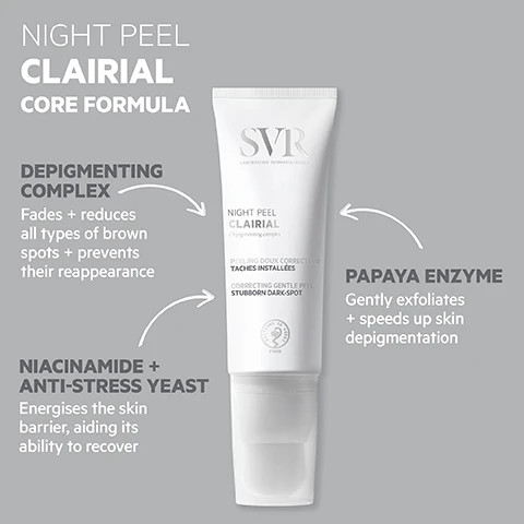 Image 1, core formula. depigmenting complex - fades and reduces all types of brown spots and prevents their reapperance. niacinamide and anti stress yeast - energises the skin barrier, aiding its ability to recover. papaya enzyme - gently exfoliates and speeds up skin depigmentation. image 2, how to use - use in the evening. twist the brish dispenser to unlock. sweep a thin layer directly onto the face and leave overnight to combat dark spots and pigmentation. image 3, proven efficacy after 2 weeks, -20% intensity of dark spots, +35% complexion radiance, +85% more refined skin texture. keratolytic action - a gentle peel, tough on pigmentation and dark spots, leaves skin smooth and luminous. optimal tolerance - safe on all skin tones, no bleaching agents, dermatologically tested on 100% sensitive skin. texture - silky, light and hydration, built in brush applicator, easily absorbed. image 4, pair with clairial ampoule - anti-pollution, pigmentation and recurrence concentrate. clairial SPF50+ - two in one brown spot treatment and very high sun protection.