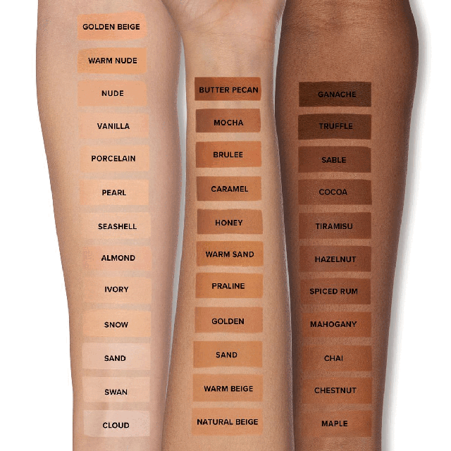 Image 1- Swatches of all shades. Image 2- Benefits of the 24 hour foundation. Image 3- Foundation comparison chart.Image 4-Shade finder chart