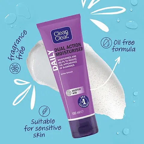 Image 1, fragrance free, oil free formula, suitable for sensitive skin. Image 2, won't clog pores, leaves skin feeling soft, smooth and beautiful, with purifying salicylic acid. The clean and clear bundle, the three clear skin steps. Step 1 = facial cleansing bar, cleans away dirt and impurities for clearer skin. step 2 = deep cleansing sensitive lotion, removes everyday build-up of oil, dirt and grease that cannot always be removed with water. step 3 = daily dual action moisturiser, moisturises and helps to reduce the appearance of blemishes. Image 4, new packaging same great formula. old pack