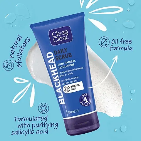 Image 1, natural exfoliators, formulated with purifying salicylic acid, oil free formula. Image 2, creamy formula gentle enough to use daily, see fewer blackheads from the 1st wash. Image 3, the clean and clear bundle, the three clear skin steps. step 1 = black daily scrub, natural exfoliators peel away dirt and excess oil to help unblock pores and give a deep clean. step 2 = blackhead clearing cleanser, starts acting against blackheads from day 1. step 3 = daily dual action moisturiser, moisturises and helps reduce the appearance of blemishes. Image 4, new packaging same great formula, old pack.