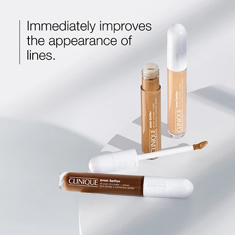 Image 1 - Three tubes of Clinique Even Better concealer and eraser are displayed on a light background, with the text immediately improves the appearance of lines.
Image 2 - An image featuring two skincare ingredients: a clear gel labeled Hyaluronic acid in a round dish above, and a textured brown powder labeled Caffeine in a circular arrangement below.
Image 3 - Close-up images of a persons face divided into two sections, with the top section labeled Before application showing natural skin appearance and the bottom section labeled After application of concealer + foundation showing a more even skin tone.
Image 4 - Image shows a variety of Clinique concealer bottles in different shades with a sponge applicator; visible text includes coverage full, finish natural, skin type all skin types, and 26 shades.
Image 5 - Image shows two glass containers with a textured green background, listing items they are free of: fragrance, gluten, drying alcohol, sodium lauryl sulfate, and sodium laureth sulfate.
Image 6 - A close-up image of a creamy, light beige makeup texture with the words depuff and conceal displayed next to relevant icons.