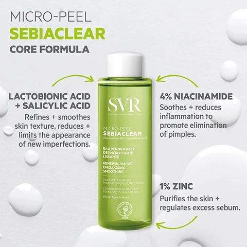 Image 1, core formula. lactobionic acid and salicylic acid - refines and smooths skin texture, reduces and limits the appearance of new imperfections. 4% niacinamide - soothes and reduces inflammation to promote elimination of pimples. 1% zinc - purifies the skin and regulates excess sebum. image 2, highly effective formula - pores visibly reduced after 1 application, immediate mattifying effect. 90% clear skin in just 7 days. eco responsible - recyclable bottle, contains recycled plastic. 90% ingredients of natural origin. texture = delicately scented, aqueous texture, ultra fresh, non greasy, non sticky. image 3, how to use = morning and evening, pour a small amount into the palms of hands and pat directly all over face, or apply with a cotton pad. image 4, cleanse, treat, renew, serum. image 5, sebiaclear routine - combination to oily skin with spots. morning = cleanse with wash off gel sebiaclear. renew with micro peel sebiaclear. treat with active gel sebiaclear. evening = cleanse with micellar water, renew with micro peel, treat with active gel, moisturise with hydra sebiaclear.