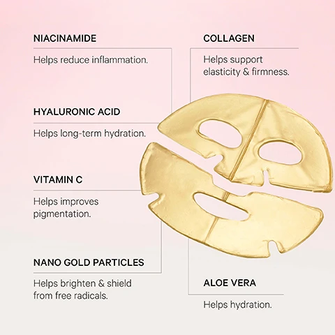 Image 1 - A gold facial mask is displayed with text boxes explaining its ingredients and their benefits: Niacinamide Helps reduce inflammation; Collagen Helps support elasticity & firmness; Hyaluronic Acid Helps long-term hydration; Vitamin C Helps improves pigmentation; Nano Gold Particles Helps brighten & shield from free radicals; Aloe Vera Helps hydration. Image 2 - A golden sheet mask lays on a white marble surface next to text that reads 100% agree skin appears brighter and more vibrant after use 100% agree skin is smoother and more refined after use 100% agree skin being mositurised and not too tight after use *Self-assessment after 1 month trial, with usage twice a week.