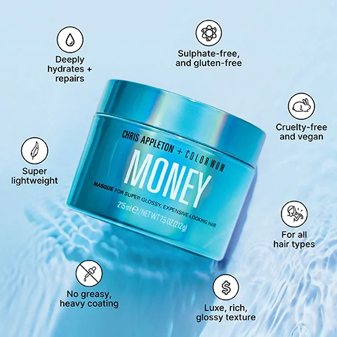 A turquoise jar of Chris Appleton + Color Wow Money Masque for Super Glossy, Expensive-Looking Hair, 215 mL, 7.5 oz is shown on a blue rippled water surface, surrounded by icons detailing its benefits: Deeply hydrates + repairs, Sulphate-free, and gluten-free, Cruelty-free and vegan, Super lightweight, For all hair types, No greasy, heavy coating, and Luxe, rich, glossy texture.