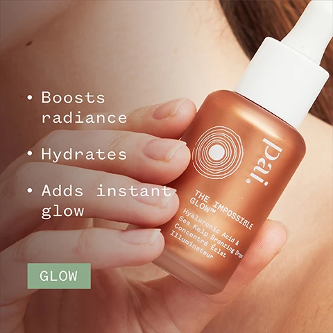 Image 1 - A person holding a brown bottle of facial serum labeled Pai THE IMPOSSIBLE GLOW with visible text stating Boosts radiance, Hydrates, Adds instant glow, and a green box with the word GLOW.
Image 2 - Image shows a creamy, swirled orange product with text stating 86% said skin looks radiant along with certification symbols for organic, vegan, and B Corporation, and a note about an independent consumer trial of 172 subjects.