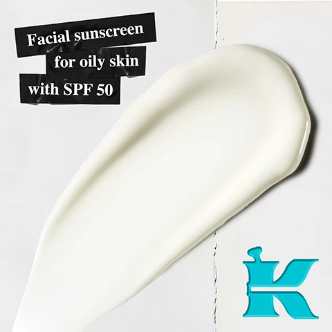 Image 1 - A white cream smear on a textured background with a blue K logo, accompanied by black labels stating Facial sunscreen for oily skin with SPF 50. Image 2 - A white tube of Kiehls Ultra Light Daily UV Defense Aqua Gel sunscreen is displayed against a bright blue background, accompanied by bold text emphasizing its benefits, reading HIGH SPF PROTECTION to help defend skin against UVA and UVB rays, and on the tube, KIEHLS SINCE 1851 DERMATOLOGIST SOLUTIONS Ultra Light Daily UV Defense AQUA GEL SPF 50 PA++++ High Protection ANTI-POLLUTION Advanced UVA/UVB Technology and Pollution Protection Helps Prevent First Signs of Aging Water-Light Formula for Normal to Oily Skin Types Suitable for Humid Conditions 1.0 fl. oz. - 30 ml. Image 3 - A teal background features a white product container, green Moringa leaves, and dried Moringa seed pods, with text that reads Our Formula With: SPF 50 UVA/UVB Moringa Seed Extract.