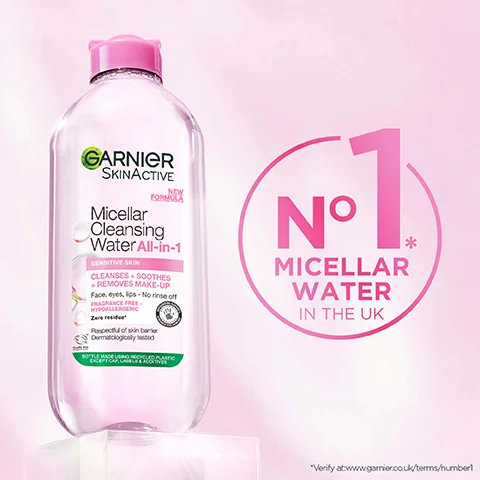 A clear bottle of Garnier SkinActive Micellar Cleansing Water with a pink cap displays the product name and benefits for sensitive skin, stating it cleanses, soothes, and removes make-up, with text indicating it is the number one micellar water in the UK.