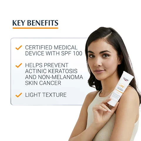 Image 1, key benefits = certified medical device with SPF 100. helps prevent actinic keratosis and non melanoma skin caner, light texture. image 2, SPF 100, light texture, fragrance free. image 3, texture.