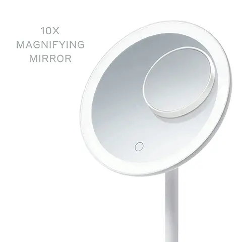 10x magnifying mirror. Touchscreen operation. Storage base. 29cm, 17.5cm,13.5cm, 8.5cm.