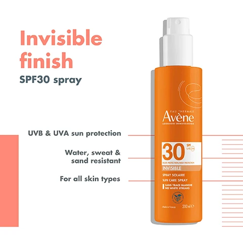 Image 1 - A bottle of Avène SPF 30 spray sunscreen with an orange label features the text Invisible finish, UVB & UVA sun protection, Water, sweat & sand resistant, and For all skin types.
Image 2 - A bottle of Avène sunscreen spray, labeled with SPF 30, featuring a bold orange design and highlighting key benefits such as invisible finish, hydration, water, sweat, and sand resistance, along with UVB and UVA sun protection.
Image 3 - Three skincare products from Avène are displayed: an orange bottle labeled Ultra Fluid SPF 50 for face protection, an orange spray bottle labeled SPF 30 for body protection, and a white can labeled Avène Thermal Spring Water, with accompanying text instructing users to Protect the face, Protect the body, and Soothe.
Image 4 - A smooth, curved swirl of white cream is shown with the text INVISIBLE FINISH in bold orange and Hydrating in gray.