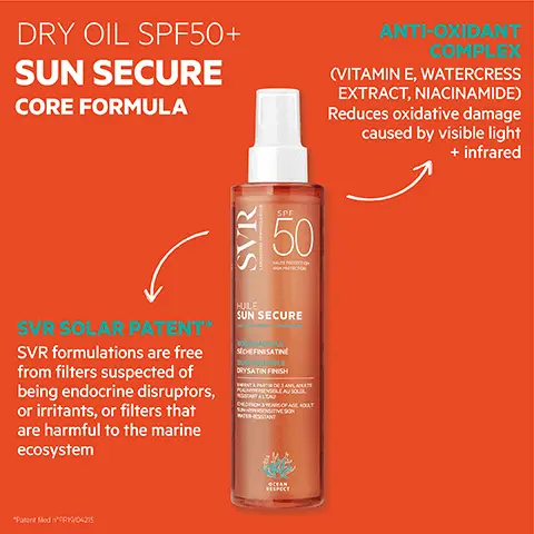 Dry oil SPF50+ sun secure core formula. Anti-oxidant complex, vitamin E, watercress extract, niacinamide, reduces oxidative damage caused by visible light + infrared. SVR solar patent, SVR formulations are free from filters suspected of being endocrine disruptors, or irritants, or filters that are harmful to the marine ecosystem. How to use, apply generously + evenly to body + hair if desired before sun exposure. Stay safe in the sun, re-apply frequently. Ocean respect, reef safe, non-toxic to marine life biodegradable. Dry oil texture, instantly absorbed, light satin finish, prevents dry skin, water resistant, non-greasy, non-sticky. SPF 50+ very high protection against UVA + UVB + visible + infrared, sensitive skin safe for 3+. Clean formula tested for endocrine disruptors. +eco-responsible 100% recyclable packaging. SVR SPF50+ protection, find your ideal format. Fresh mist, hydrating milk, milk spray, dry oil spray, invisible water, after-sun milk.