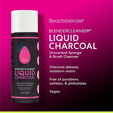 Beautyblender. Blendercleanser. Liquid charcoal, unscented sponge & brush cleanser. Charcoal detoxes stubborn stains. Free of parabens, sulfates, & phthalates. Vegan.